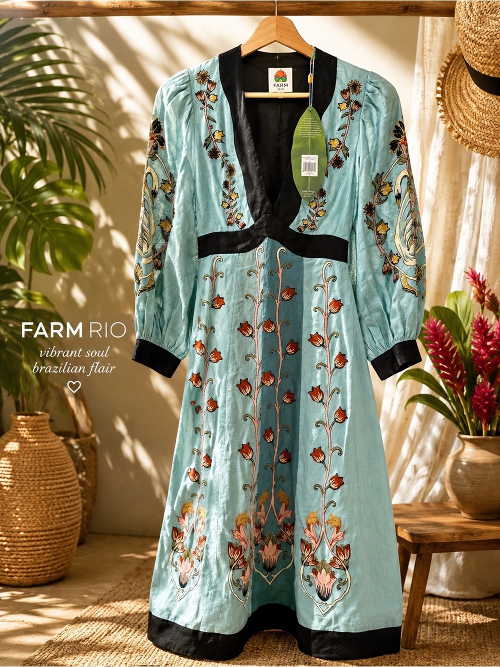 FARM Rio Aqua Floral Embroidered V-Neck Midi Dress with Black Trim